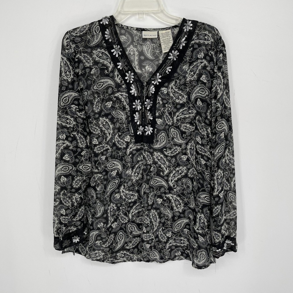 White Stag Women's Black Soot Sequin Paisley Sheer Boho Top Blouse Size L 12-14